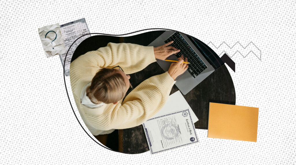 Woman typing on a laptop with a birth certificate beside her, illustrating the process of applying without a valid ID