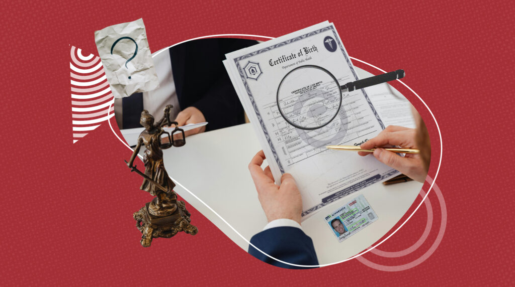 Man holding a birth certificate, pointing at it with a pen while comparing it to a driver’s license placed below; a magnifying glass rests on the birth certificate.