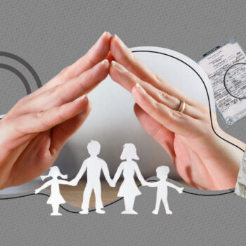 Two hands touching each other"s fingertips, on a family, and on one side a vital record with a magnifying glass on top