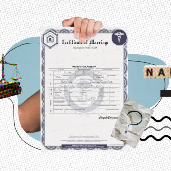 Two hands touching each other on the tips of the fingertips, on a family, and on one side a vital record with a magnifying glass on top and on the other side some arrows on the word name