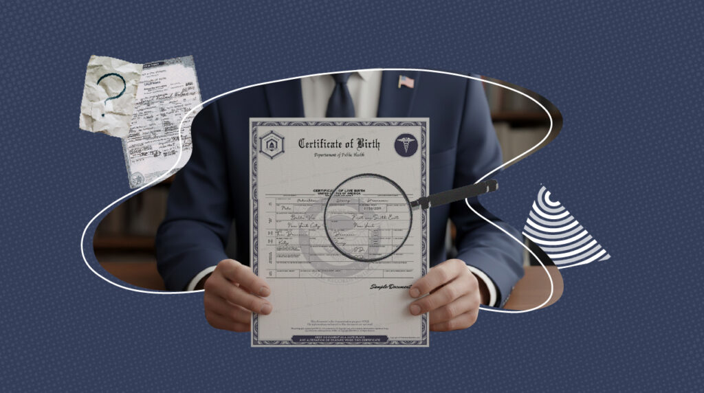 man in suit holding an U.S. birth certificate