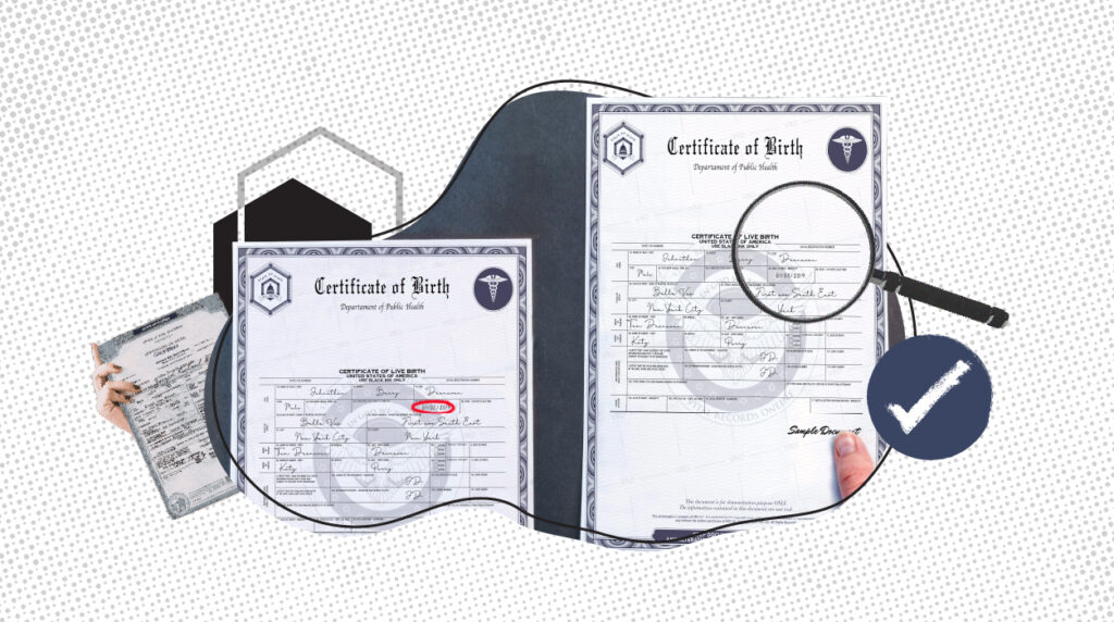 Illustration of birth certificates with magnifying glass highlighting details, an envelope in the background, and a checkmark symbol, representing reviewing and correcting errors on birth certificates.