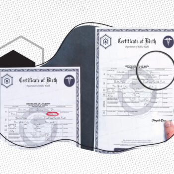 Illustration of birth certificates with magnifying glass highlighting details, an envelope in the background, and a checkmark symbol, representing reviewing and correcting errors on birth certificates.
