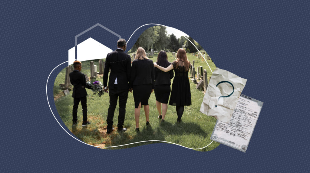 A family dressed in black walks together in a cemetery during a funeral, with a child holding flowers. The image is overlaid with a paper showing a question mark and a death certificate, set against a blue patterned background.