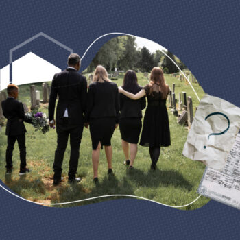 A family dressed in black walks together in a cemetery during a funeral, with a child holding flowers. The image is overlaid with a paper showing a question mark and a death certificate, set against a blue patterned background.