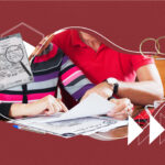 A middle-aged couple sits together reviewing official documents, including a certificate of divorce, on a table. The woman is wearing a striped sweater and the man is in a red polo shirt. Graphic elements include a magnifying glass over a document, two interlocking wedding rings, and forward arrows, all set against a maroon background with a subtle dot pattern.