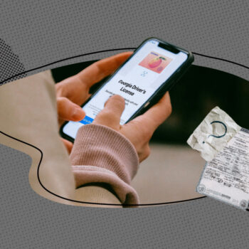 A person holding a smartphone displaying a digital Georgia Driver’s License on the screen, with a peach icon at the top. The background has a collage-style design with abstract shapes and a partially visible paper document.