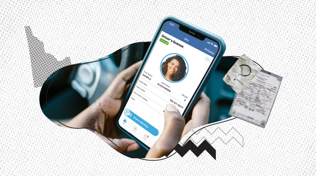 Person holding a smartphone displaying a digital driver's license with a woman's photo and information. The screen shows options like "Share Identity." The background includes a black-and-white outline of the state of Idaho, a crumpled paper with a question mark, and a printed birth certificate. The design features abstract elements and patterns, suggesting digital identity and documentation themes.