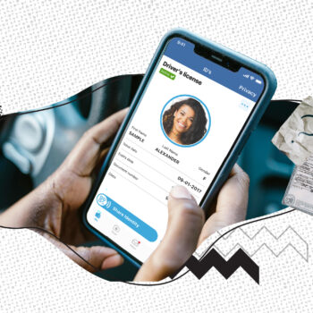Person holding a smartphone displaying a digital driver's license with a woman's photo and information. The screen shows options like "Share Identity." The background includes a black-and-white outline of the state of Idaho, a crumpled paper with a question mark, and a printed birth certificate. The design features abstract elements and patterns, suggesting digital identity and documentation themes.