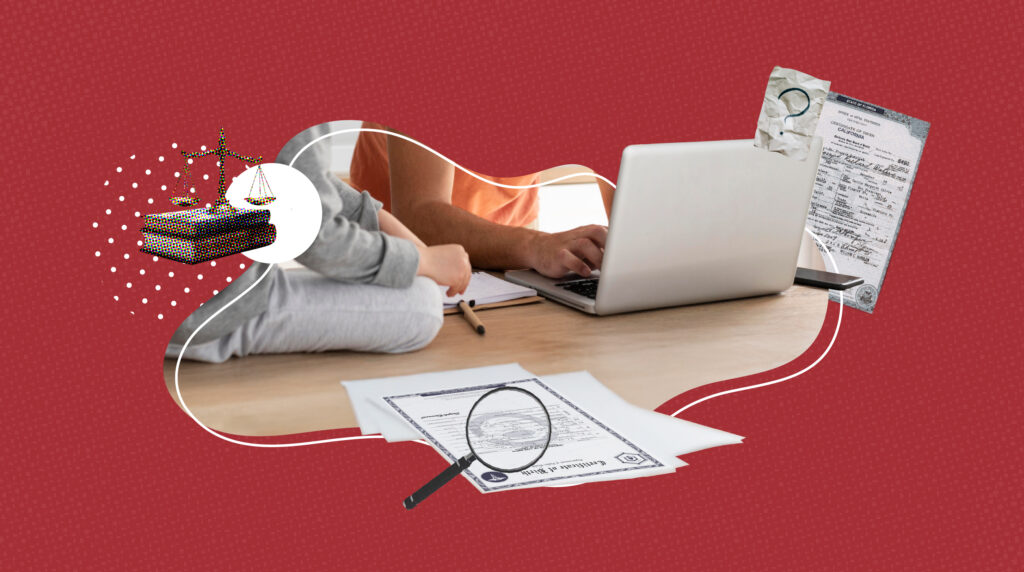 Person using a laptop with official documents, including a birth certificate and magnifying glass, on a table. Legal scales and paperwork illustrations symbolize accessing vital records as a foster parent or guardian.