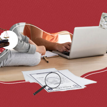 Person using a laptop with official documents, including a birth certificate and magnifying glass, on a table. Legal scales and paperwork illustrations symbolize accessing vital records as a foster parent or guardian.