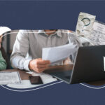 A man sits at a desk reviewing paperwork next to a laptop, with a child nearby and official documents such as a birth certificate spread out on the table.
