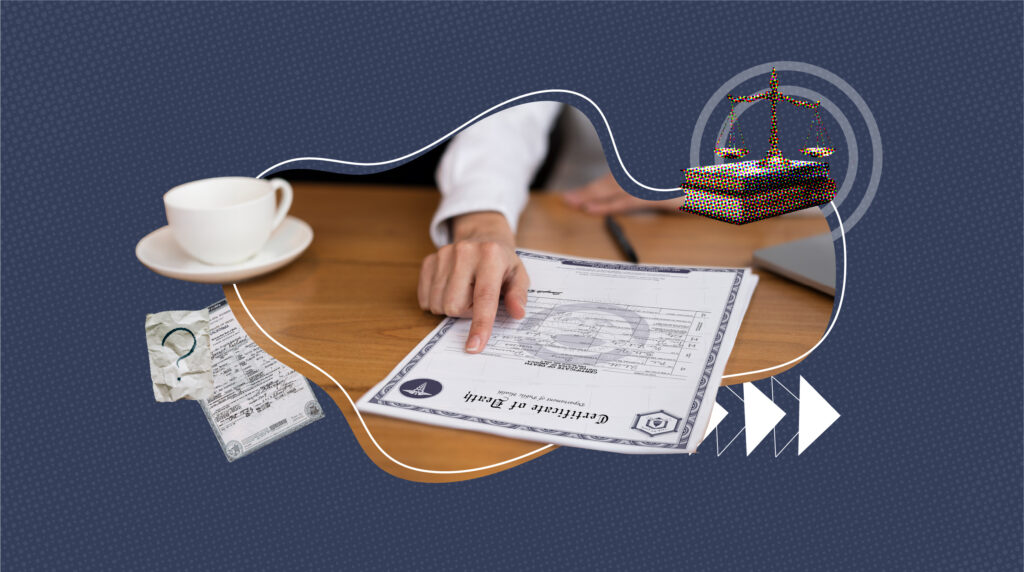 Person pointing at a death certificate on a wooden desk, with a coffee cup, a laptop, a justice scale on books, and a smaller torn paper with a question mark, symbolizing the legal and practical uses of death certificates.