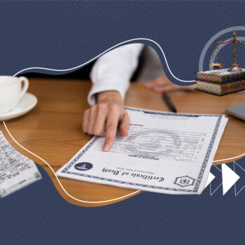 Person pointing at a death certificate on a wooden desk, with a coffee cup, a laptop, a justice scale on books, and a smaller torn paper with a question mark, symbolizing the legal and practical uses of death certificates.
