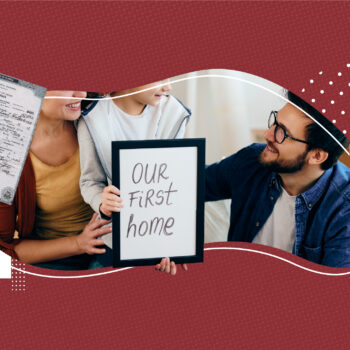 A happy family holding a framed sign that reads 'Our first home.' To the left, there is an image of a crumpled birth certificate with a question mark, and to the right, a circle with two hands shaking, all against a red patterned background.