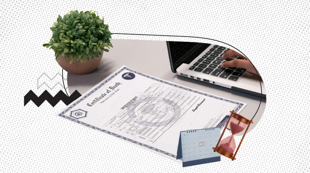 Death certificate placed on a desk beside a potted plant and a laptop, with graphic elements including a calendar and hourglass symbolizing time and processing delays.