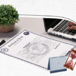 Death certificate placed on a desk beside a potted plant and a laptop, with graphic elements including a calendar and hourglass symbolizing time and processing delays.