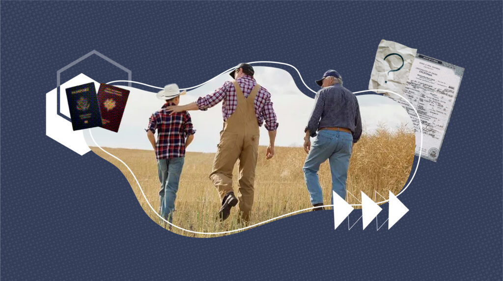Illustration of three generations of a family—child, father, and grandfather—walking together in a golden wheat field. On the left, two passports are shown, and on the right, a birth certificate with a magnifying glass overlay, symbolizing documentation and identity. The design includes geometric shapes and arrows on a dark patterned background, representing dual citizenship and heritage.