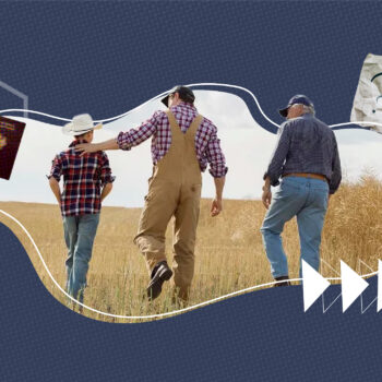 Illustration of three generations of a family—child, father, and grandfather—walking together in a golden wheat field. On the left, two passports are shown, and on the right, a birth certificate with a magnifying glass overlay, symbolizing documentation and identity. The design includes geometric shapes and arrows on a dark patterned background, representing dual citizenship and heritage.