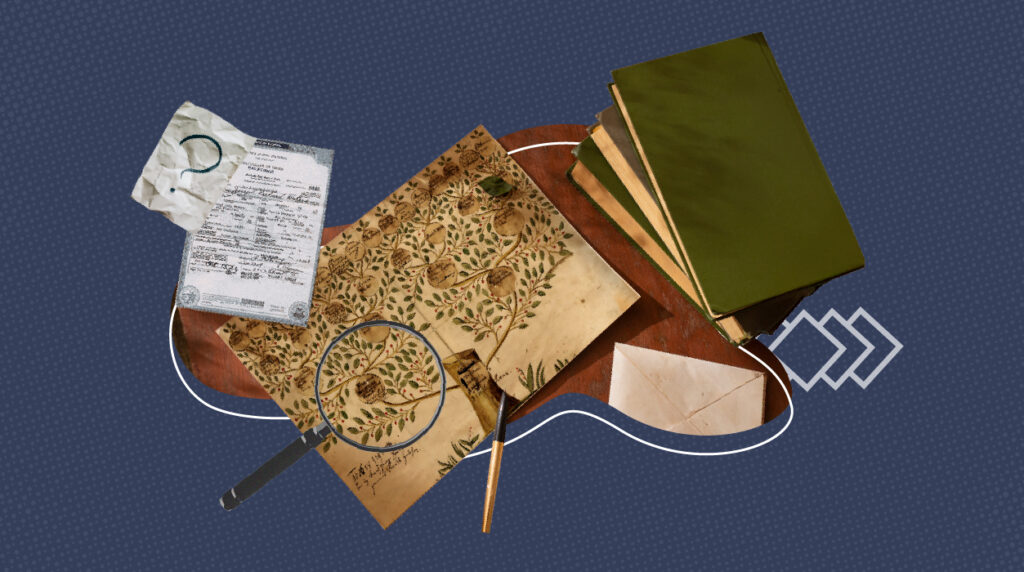 Collage of genealogy research items including a birth certificate, a family tree chart with a magnifying glass, a stack of green books, an old envelope, and a pen on a textured background.