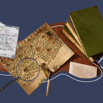 Collage of genealogy research items including a birth certificate, a family tree chart with a magnifying glass, a stack of green books, an old envelope, and a pen on a textured background.