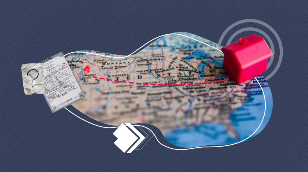 A stylized collage showing a U.S. map with a dotted red line across states, a red plastic house icon on the East Coast, and a birth certificate document on the left. The image represents moving to a new state and the need for official documents.