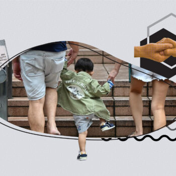Child walking up stairs holding hands with two adults, symbolizing family support, with an overlay of a hand holding a birth certificate on the left and two clasped hands inside a hexagon on the right, representing assistance programs for families.