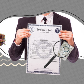 Person in a suit holding a death certificate with graphic elements around, including a hand writing with a pen and a magnifying glass over the document.