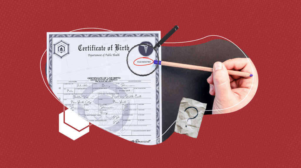 Illustration of a U.S. birth certificate with a magnifying glass highlighting the file number. A hand holding a pencil points to the number, with a question mark on a torn paper beside it, set against a red background.