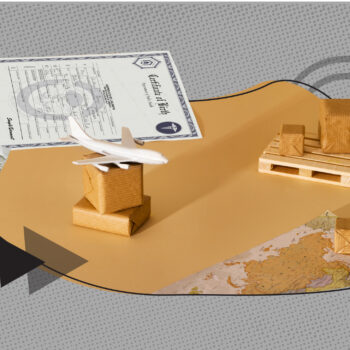 A birth certificate rests on a tan surface alongside a small toy airplane, cardboard boxes, and a wooden pallet, symbolizing international document delivery. A map corner and a paper with a question mark are also visible against a gray dotted background.
