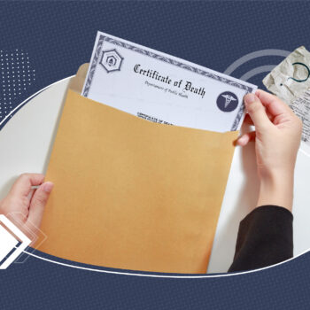 Hands holding a manila envelope with a death certificate partially visible inside, placed on a white table. The background features a dotted blue pattern with the outline of Texas and faint document graphics.