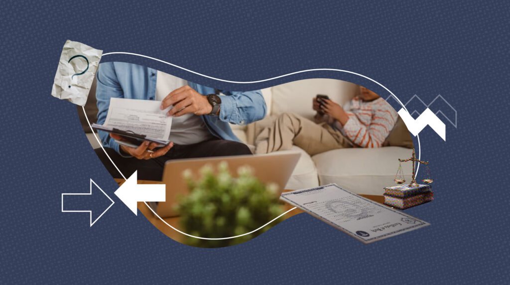 A person sitting on a couch reviews paperwork while using a calculator and laptop, with a child in the background playing on a phone. The image is framed by abstract curved white and brown lines on a dark blue patterned background. Decorative elements include a crumpled paper with a question mark, white directional arrows, and a small icon of balanced legal scales on top of books, suggesting a theme of legal or financial documentation.