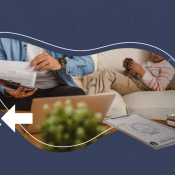 A person sitting on a couch reviews paperwork while using a calculator and laptop, with a child in the background playing on a phone. The image is framed by abstract curved white and brown lines on a dark blue patterned background. Decorative elements include a crumpled paper with a question mark, white directional arrows, and a small icon of balanced legal scales on top of books, suggesting a theme of legal or financial documentation.