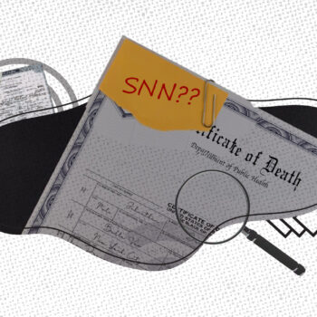 Illustration showing a death certificate labeled “Certificate of Death” partially covered by a yellow file tab with the text “SSN??” in red. A magnifying glass and paper clip are placed over the document, with a faded paper marked with a question mark in the background, symbolizing investigation or uncertainty about Social Security Numbers on death certificates.