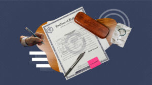 A flat lay composition featuring a U.S. birth certificate labeled “Certificate of Live Birth” placed on a wooden surface. Around it are a pen, a wooden case, a small pink sticky note that says “Translate?”, a crumpled paper with a question mark, and a person’s hand holding a pen as if filling out a document. The background is dark blue with geometric graphic accents.