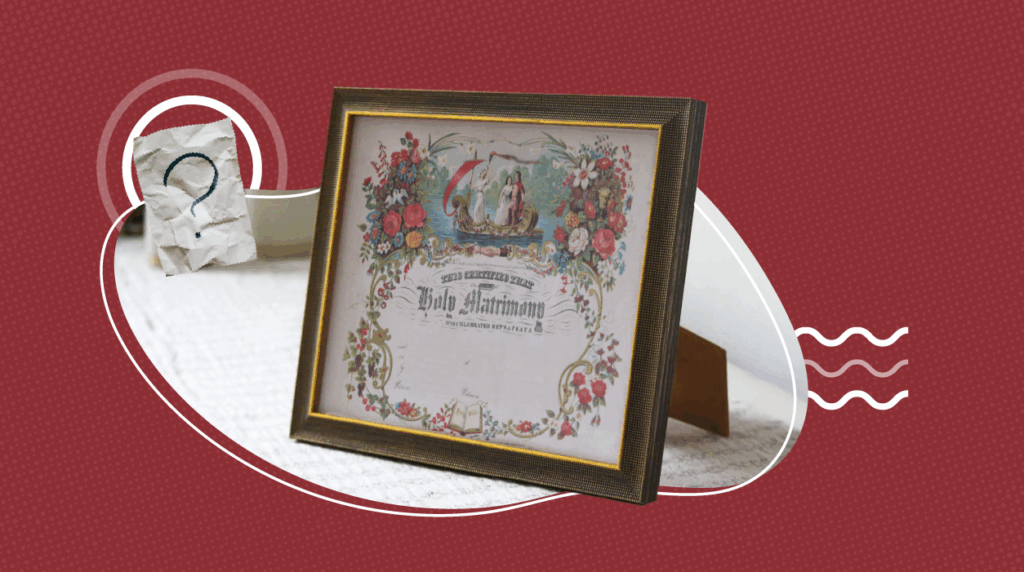 Framed vintage marriage certificate with floral decorations and ornate lettering reading “Holy Matrimony,” placed on a white surface with a red patterned background and abstract graphic elements including a torn paper with a question mark and curved white lines.
