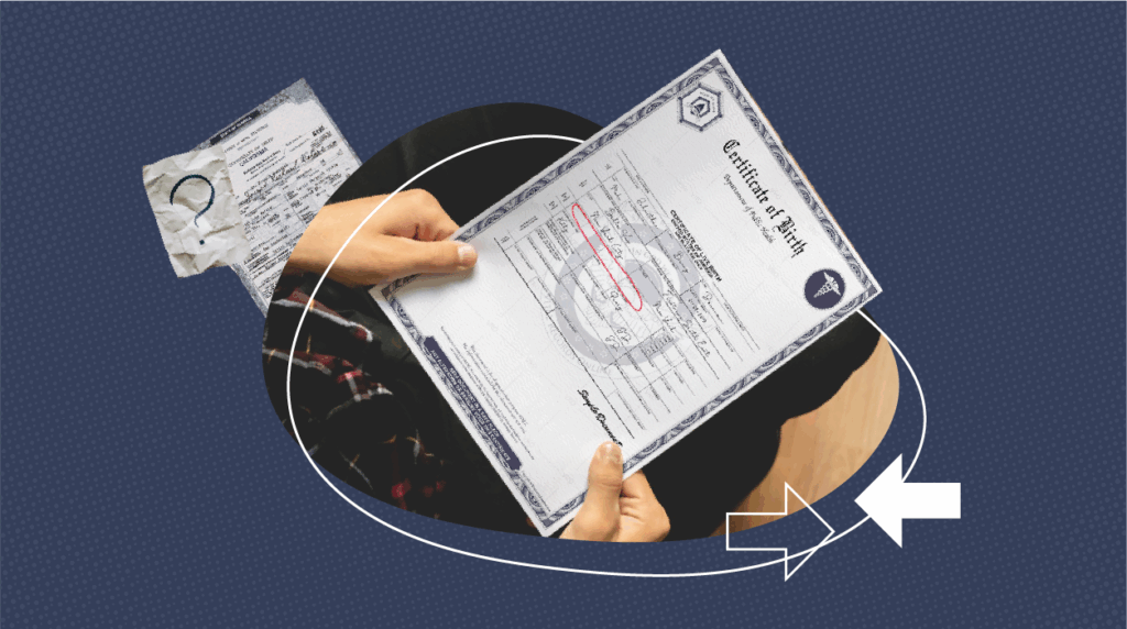 Person holding an official birth certificate with a name highlighted in pink. A torn paper document is partially visible in the background, over a dark blue textured surface with white circular and arrow graphics.