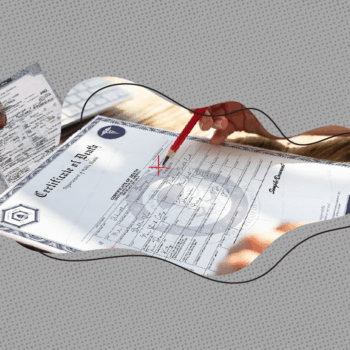 Close-up collage of hands filling out official documents, including a death certificate form, with a pencil marking an X. The background features a gray dotted texture with abstract shapes and black X marks, creating a modern graphic design.