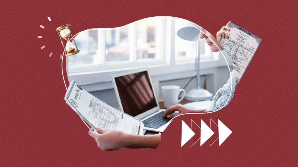 A person sits at a desk with a laptop, holding printed birth certificate documents. The scene is framed with graphic design elements including a sand timer icon and forward arrows on a red patterned background, symbolizing expedited document processing.