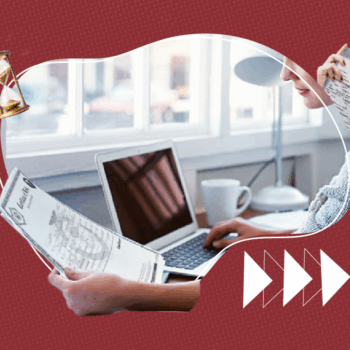 A person sits at a desk with a laptop, holding printed birth certificate documents. The scene is framed with graphic design elements including a sand timer icon and forward arrows on a red patterned background, symbolizing expedited document processing.