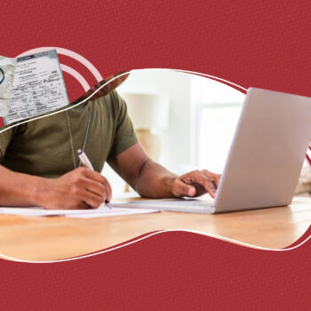 A person wearing a green shirt writes on documents while using a laptop on a wooden table. The image is framed by abstract curved white lines on a red patterned background. Behind the person, there is a faint image of a birth certificate and a crumpled paper with a question mark, symbolizing documentation or verification for official purposes.