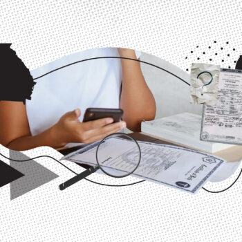 A person sits at a desk using a smartphone beside official documents and a magnifying glass, symbolizing searching for birth records. The collage includes a U.S. birth certificate, a Georgia state outline, and abstract graphic elements.