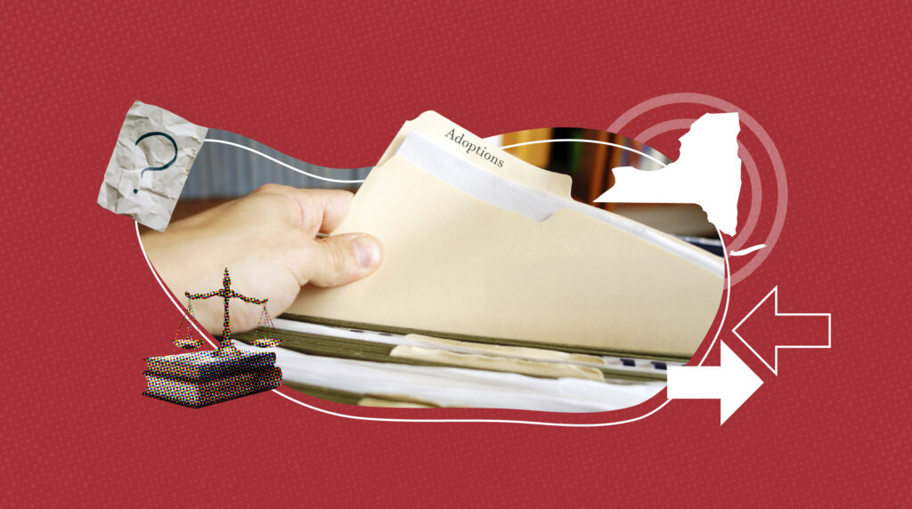 A hand pulls a file folder labeled “Adoptions” from a filing cabinet. The background is red with graphic elements including a white silhouette of New York State, arrows pointing right, a paper with a question mark, and a stylized justice scale on top of books.