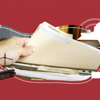 A hand pulls a file folder labeled “Adoptions” from a filing cabinet. The background is red with graphic elements including a white silhouette of New York State, arrows pointing right, a paper with a question mark, and a stylized justice scale on top of books.