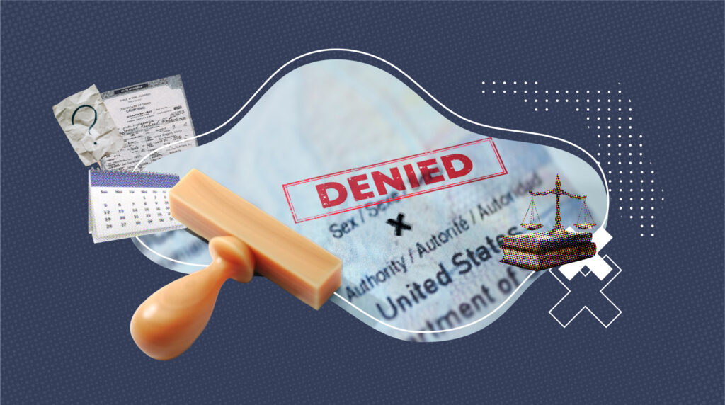 Illustration of a denied birth certificate application, showing a rubber stamp with the word 'DENIED' in red over a U.S. document. Surrounding elements include a crumpled paper with a question mark, a calendar, and a scale of justice symbolizing legal implications.