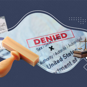 Illustration of a denied birth certificate application, showing a rubber stamp with the word 'DENIED' in red over a U.S. document. Surrounding elements include a crumpled paper with a question mark, a calendar, and a scale of justice symbolizing legal implications.