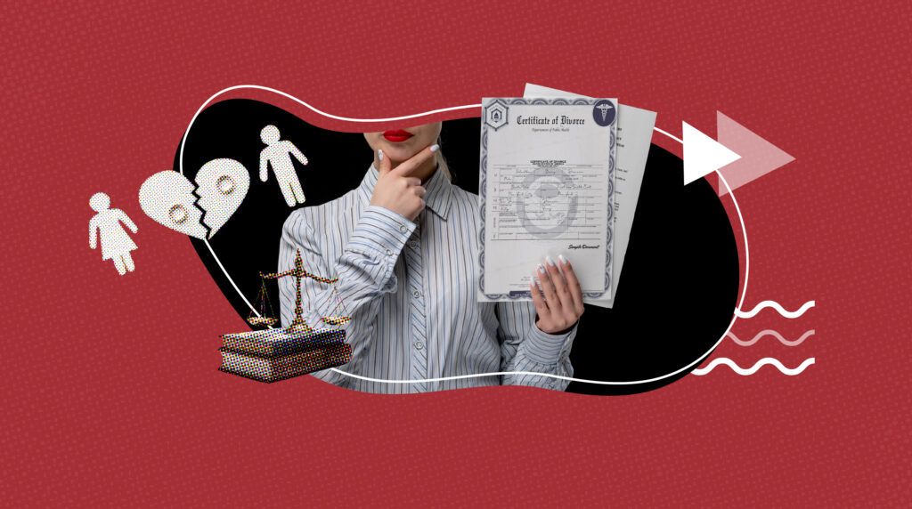 A person with red lipstick holds a divorce certificate while thoughtfully touching their chin. The background includes symbolic graphics of a broken heart, male and female icons, and a justice scale, representing separation and legal processes. The design features a red and black abstract layout with flowing lines and a forward arrow, suggesting moving on after divorce.