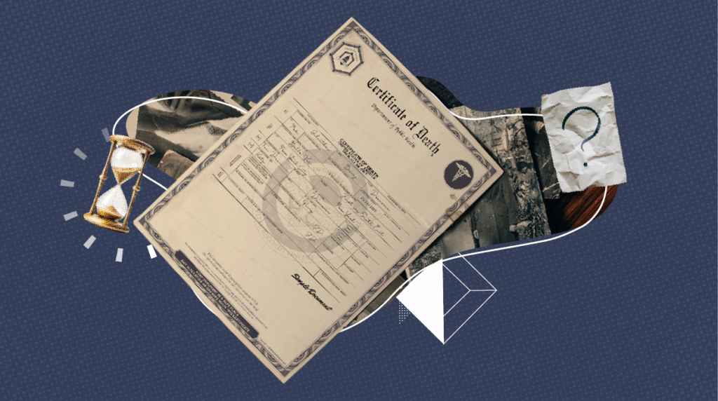 A collage-style image featuring a death certificate document titled “Certificate of Death” from the Department of Health placed at an angle over a dark blue background. Around it are symbolic elements including an hourglass, a torn paper with a question mark, and abstract geometric shapes, suggesting the theme of time, documentation, and inquiry about the validity of death certificates.