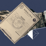 A collage-style image featuring a death certificate document titled “Certificate of Death” from the Department of Health placed at an angle over a dark blue background. Around it are symbolic elements including an hourglass, a torn paper with a question mark, and abstract geometric shapes, suggesting the theme of time, documentation, and inquiry about the validity of death certificates.