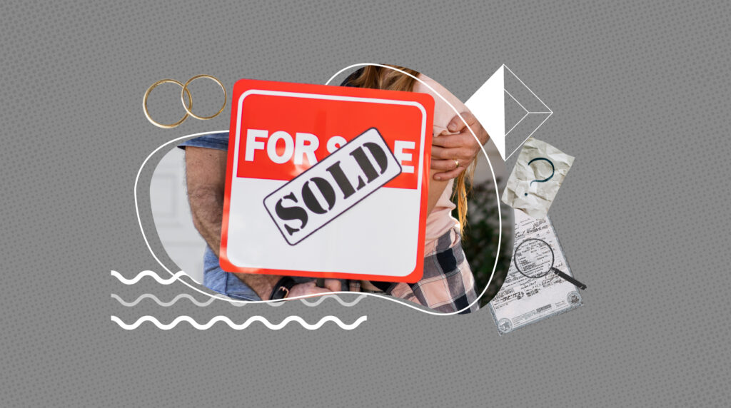 A couple holds a red “For Sale” sign with a “Sold” sticker in front of them, symbolizing a home purchase. The image includes wedding rings, a magnifying glass over a legal certificate, and a paper with a question mark, representing life changes, legal documentation, and decisions after marriage or divorce. The design has a gray background with abstract white lines and geometric shapes.
